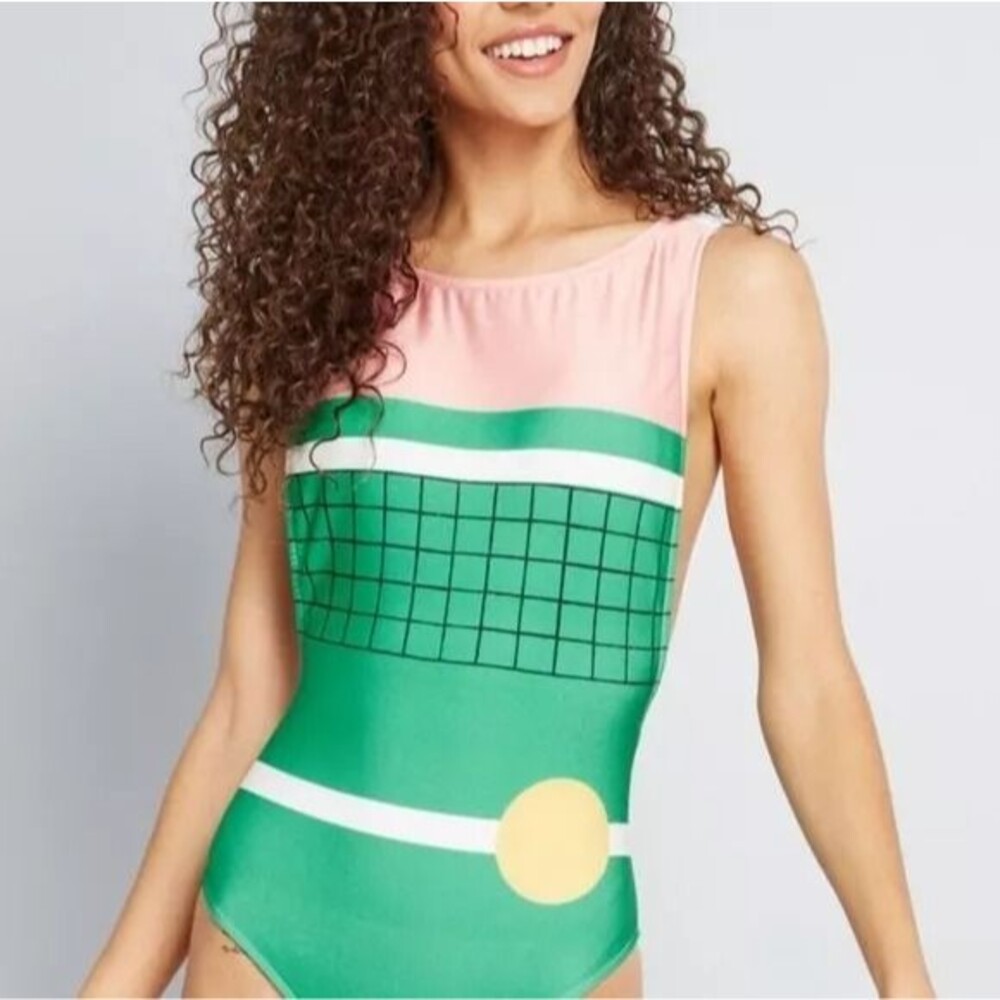 Salinas "Serving Looks" one piece swimsuit L tennis court terry accents